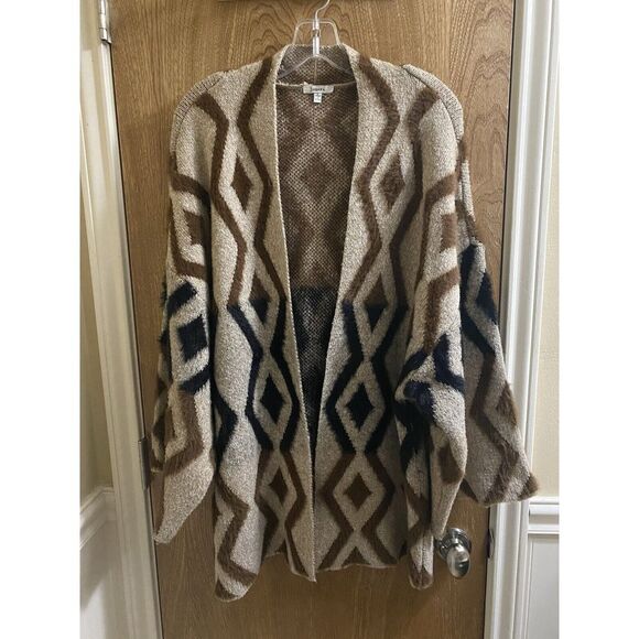 Jodifl Tan Brown Black Geometric Faux Hair Print Cardigan Sz L Western Soft Open - Picture 1 of 16